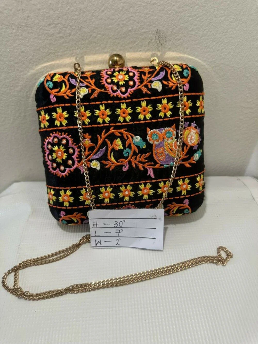 Boho Embroidered Owl Floral Hard Case Clutch Bag Black Multi